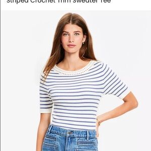 NWT LOFT Knit Striped Blue and White Top with crochet neckline
